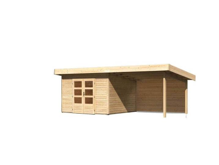 Gartenhaus Northeim 3 terragrau im Set mit einem Anbaudach Breite 3,3 m und 28 mm Rückwand
