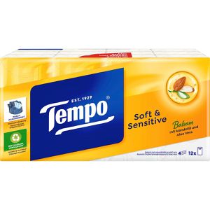 Tempo Taschentücher Soft & Sensitive, Päckchen, Zellstoff, 4-lagig, Mandelöl& Aloe Vera, je 9 Tücher, 12 Stück