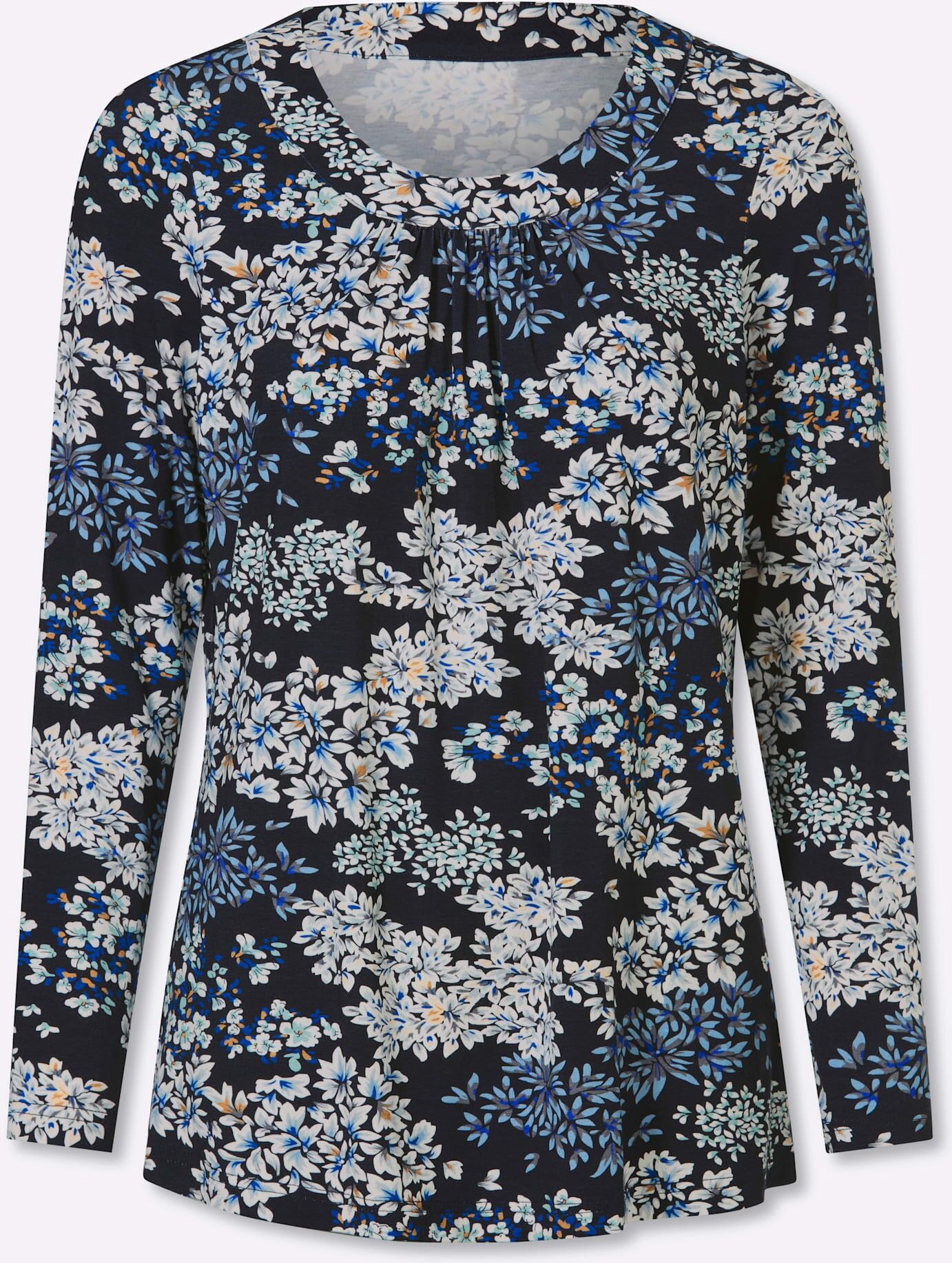 Tunikashirt INSPIRATIONEN "Tunikashirt", Damen, Gr. 38, blau (marine, taubenblau, bedruckt), 95% Viskose, 5% Elasthan, gemustert, mehrfarbig, Rundhals, Shirts Tunikashirt