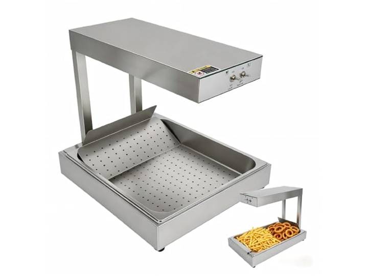 Pommeswärmer, 750W Wärmeschrank mit Wärmebrücke für die Gastronomie, Elektrischer Wärmeschrank für Pommes Frites, geeignet für Pommes Frites und frittierte Speisen, Edelstahl 56 × 33 × 46,5 cm