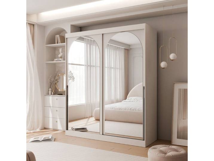 Armoire CLARITY - 7 compartiments - avec miroir - 150x65x215 cm - Cachemire / Poignées noires