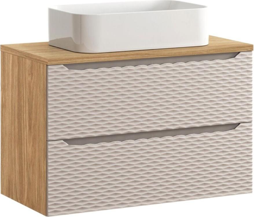 Badezimmer-Set YOKA beige: Waschtischunterschrank mit Schubladen 90 cm + Platte für Waschbecken + Aufsatzwaschbecken
