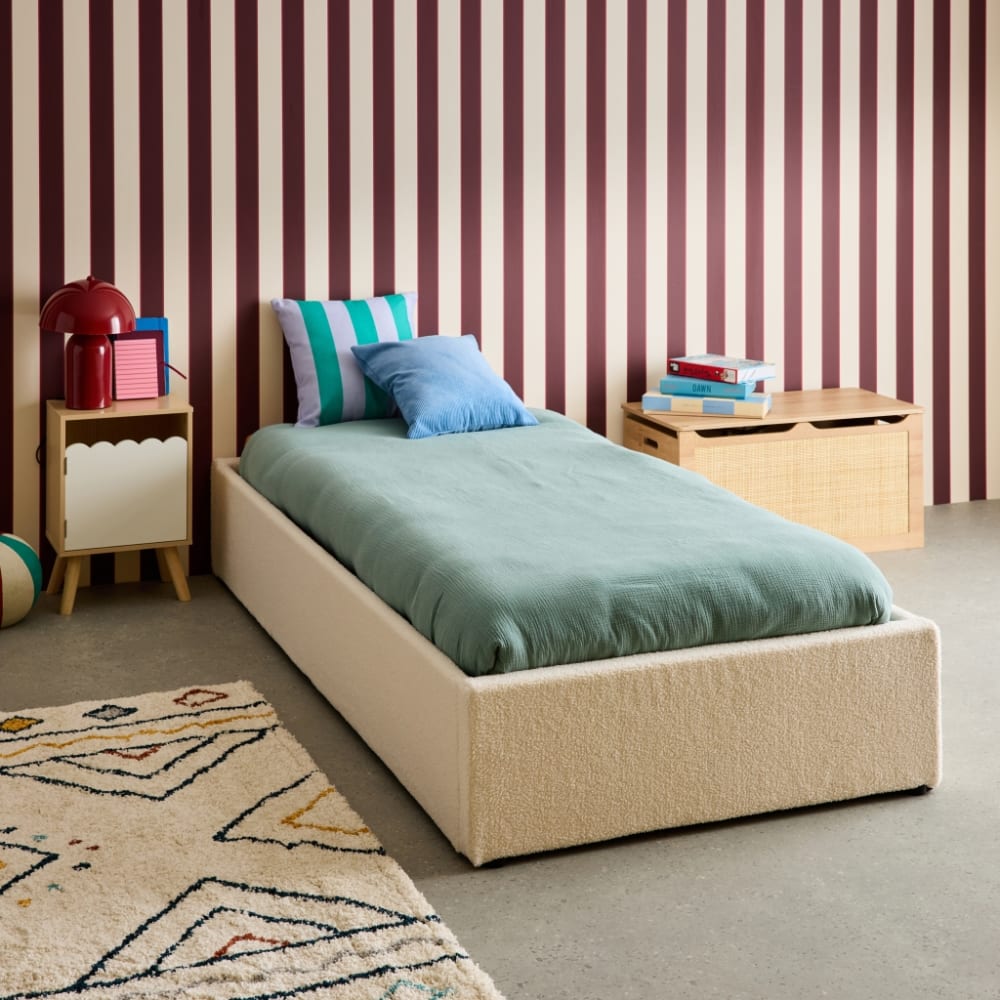 sweeek Cama abatible tapizada en borreguito con somier, blanco