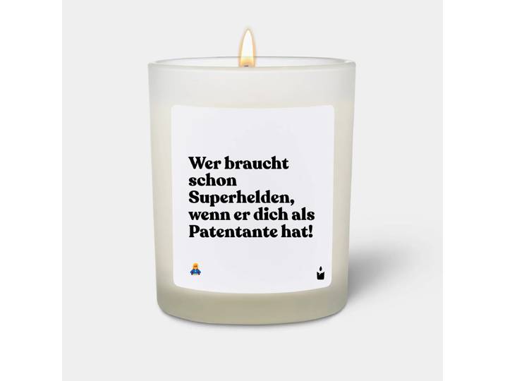 Duftkerze Weiss Woody Wer braucht schon Superhelden, wenn er dich als Patentante hat!