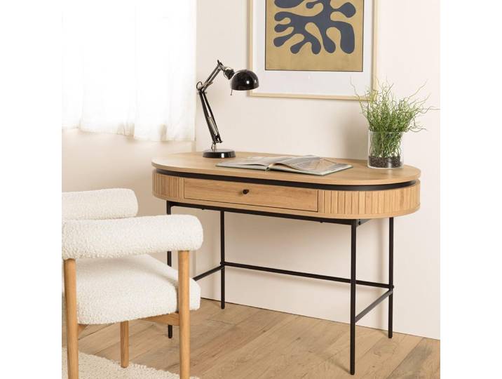 ETHAN - Bureau arrondi couleur naturelle 1 tiroir pieds métal noir ETHAN