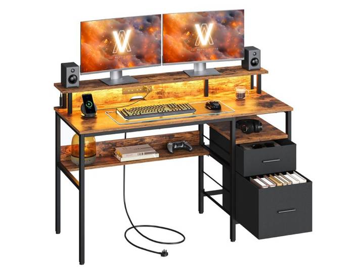 Bureau Gaming - VASAGLE - Marron Rustique - 2 Tiroirs - 2 Ports USB - Support d'Écran