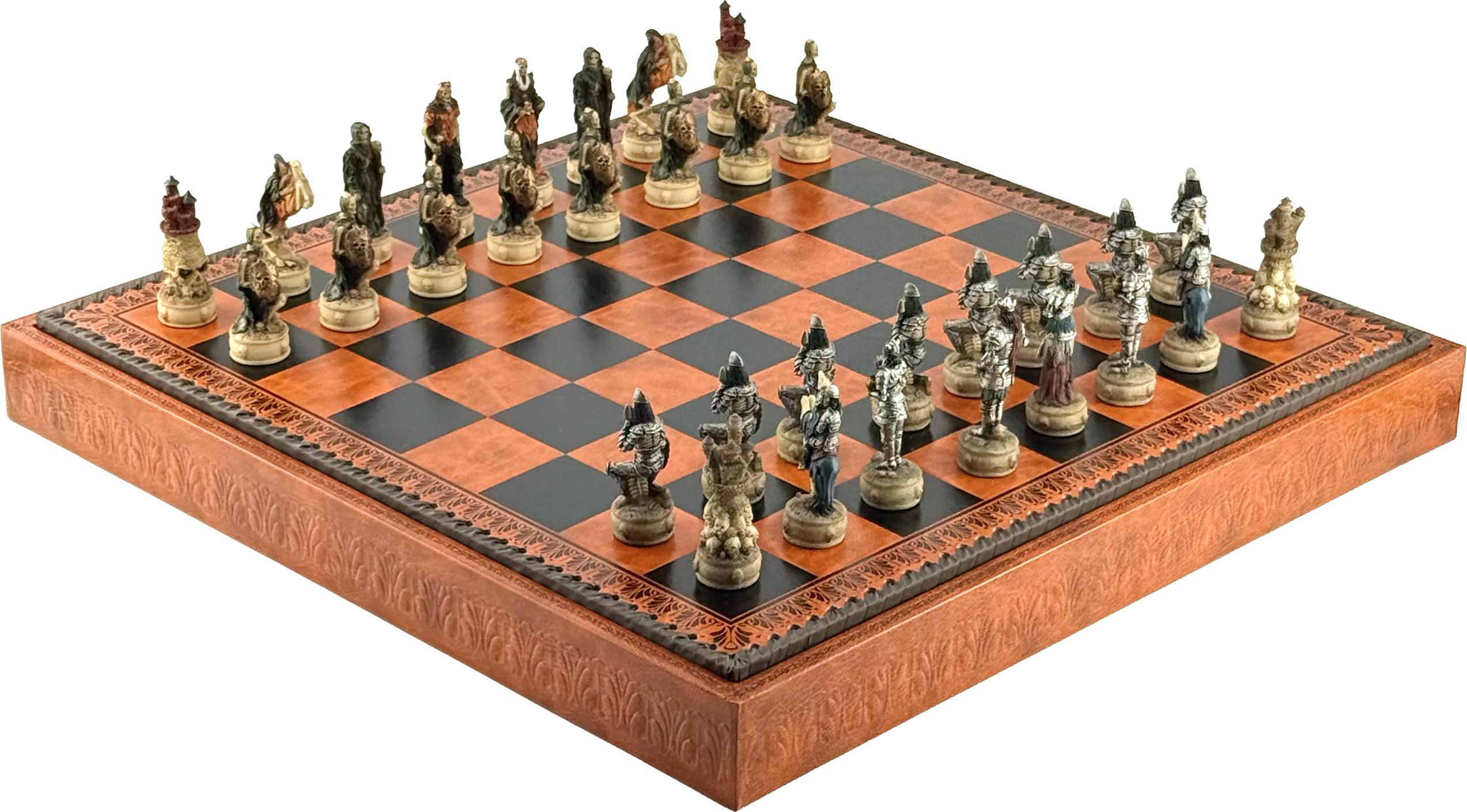 Skelett-Schachset 8 cm | 3-in-1 Italienisches Kunstlederbrett 48 cm