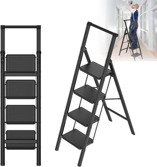 XMTECH Trapladder met leuning - Vouwkruk met 4 treden - Zwart