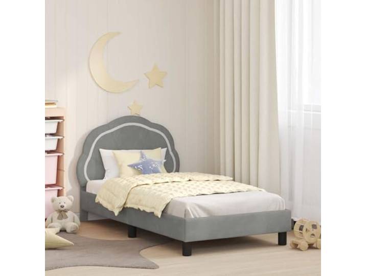 RJPLMFV Bettgestell für Kinder, Grau, Velours, mit Kopfteil Holzwerkstoff, Latten-Design, niedrige Struktur, einfache Reinigung, inkl. Lamellen