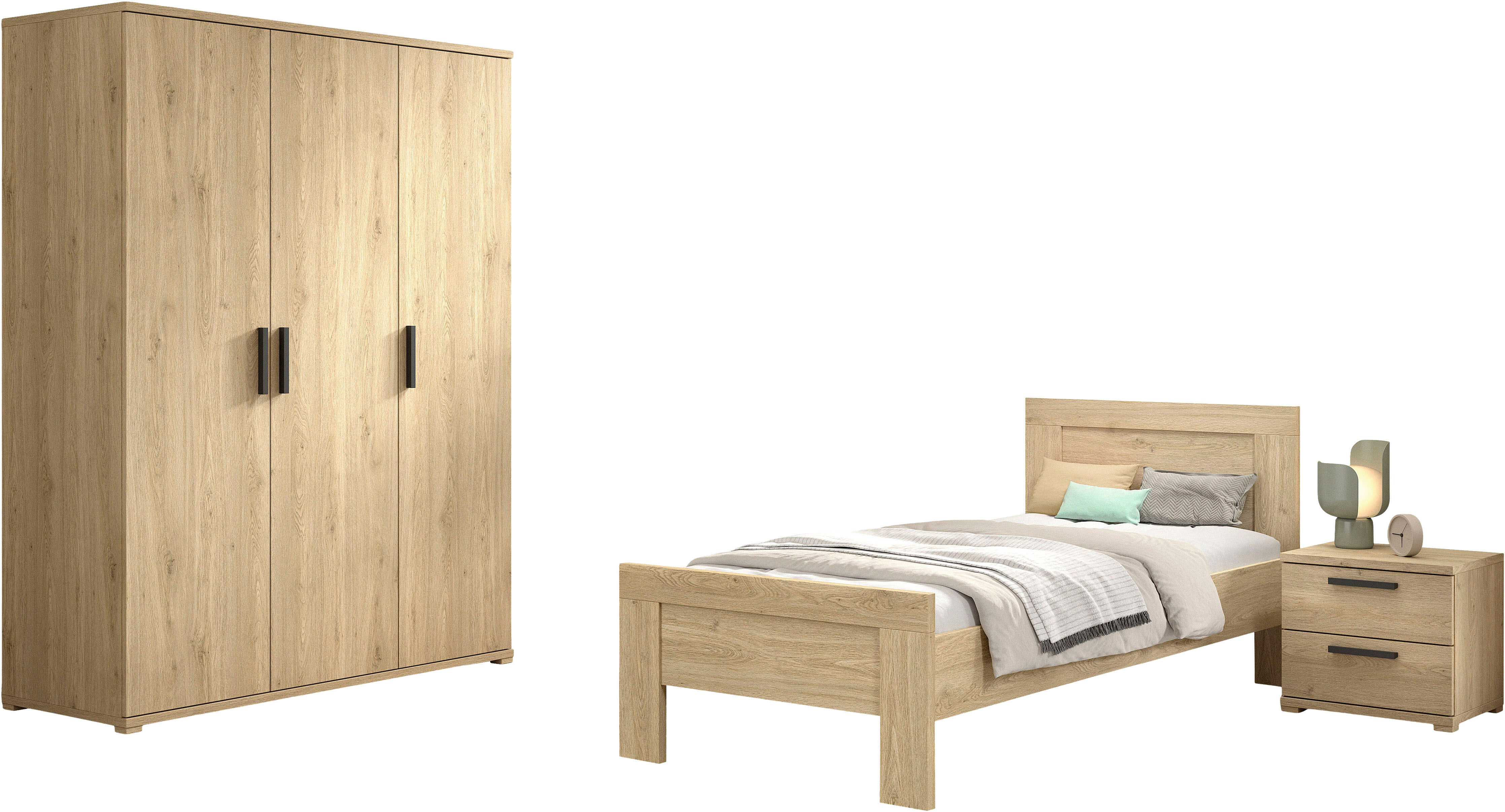 Jugendzimmer-Set VIPACK "SAM - Bett, Nachtkonsole, Kleiderschrank 3-trg., gradliniges Design", braun (eiche dekor), ohne Matratze, B/H: 90cm x 200cm, Schlafzimmermöbel-Sets, Jugendzimmer-Set eiche dekor ohne Matratze, B/H: 90cm x 200cm