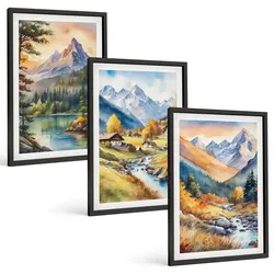 BILDER SET 3er Set - 40x60 cm Schwarzer Rahmen - Berglandschaft mit einem Fluss