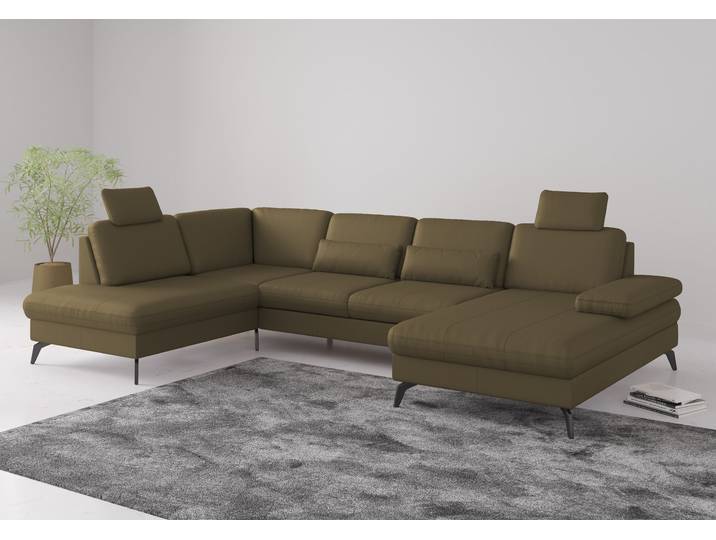 Wohnlandschaft, Naturleder, Olive, 335×212×82 cm, U-Form, Verstellbare Sitztiefe & Bettkasten, Sit&More