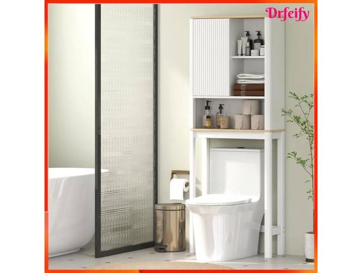 Meuble de rangement au-dessus des toilettes - AKOZON - 12418 - porte cannelée - étagère réglable - 65x25x170cm