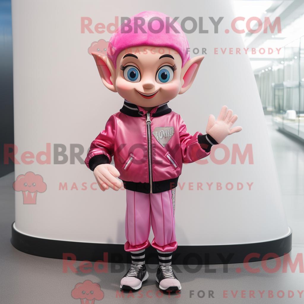 Maskottchenfigur REDBROKOLY einer rosa Elfe mit Bomberjacke und Clutch