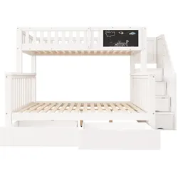 STILVORA Etagenbett Massivholz Weiß 90x200/140x200 cm mit Stauraumtreppe und 2 Schubladen