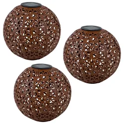 Solarlampe für Außen Kugel Solar Gartendeko Solarleuchte rost Erdspieß, Blumen Dekorstanzungen, Metall, LED warmweiß, D 20 cm, 3er Set