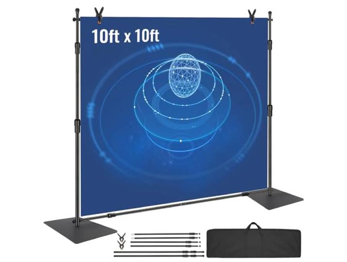 VEVOR Support Toile de Fond 3048x3048 mm Kit Support Fond Photo Réglable avec Base en Acier au Carbone avec 6 Pinces Sac de Transport pour Studio Photographie Diffusion en Direct Mariage Exposition