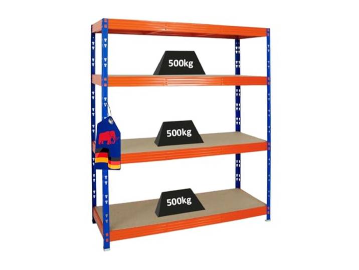 PROREGAL Profi Schwerlastregal Rhino BREIT blau/orange HxBxT 180x160x60cm Fachlast 500kg 4X Spanplatten-Ebenen 16mm Garagenregal, Lagerregal, Steckregal, Weitspannregal