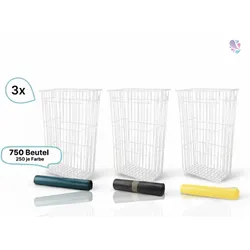 SET Mülltrennsystem 3 x Gitterkorb 60 Liter zum Hängen und Stellen + ins. 750 Müllsäcke in grau, blau & gelb