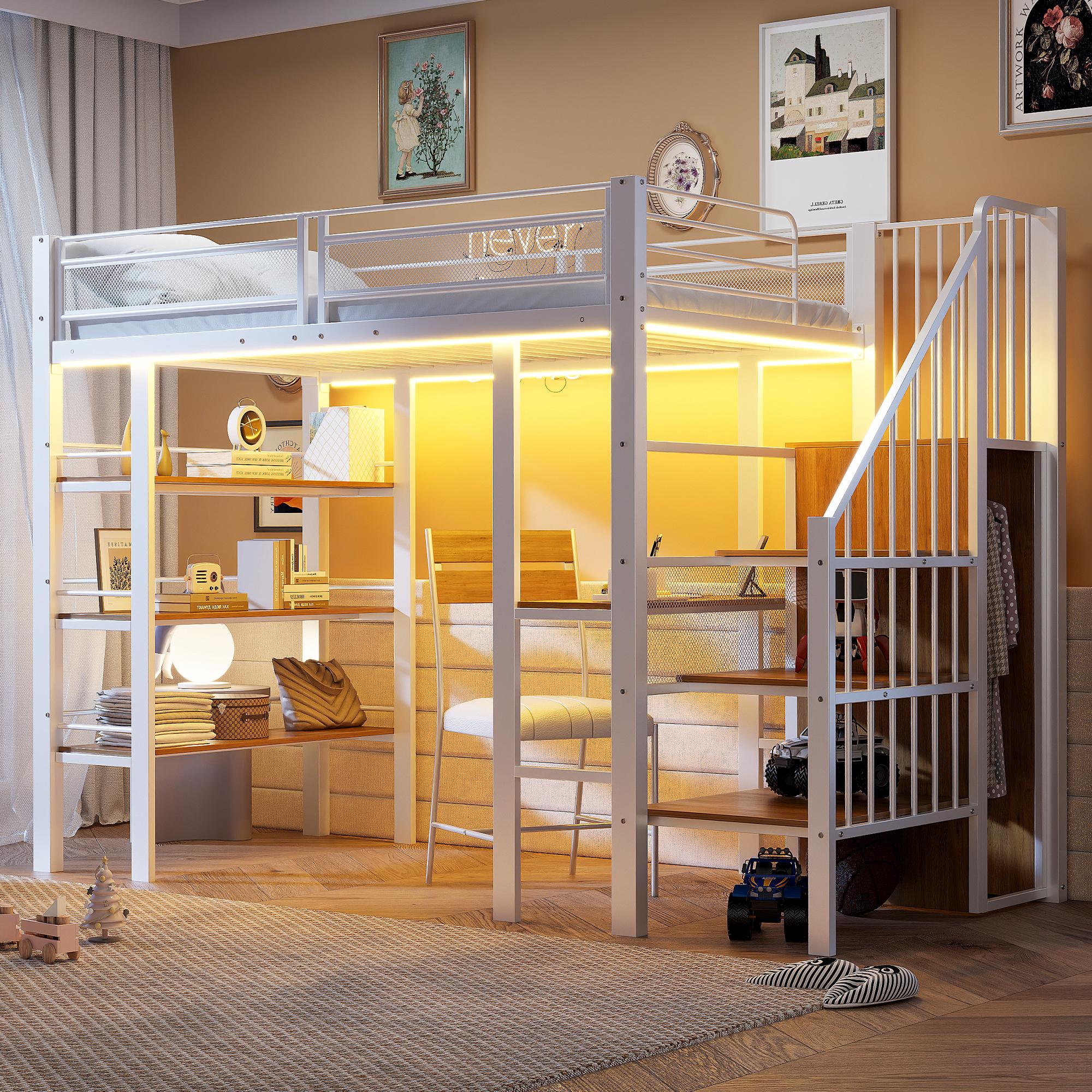 Flieks Etagenbett 90x200cm mit Schreibtisch und Bücherregal, Kinderbett Jugendbett mit Led und Ladefunktion, Hochbett mit Treppe und Garderobe, Weiß