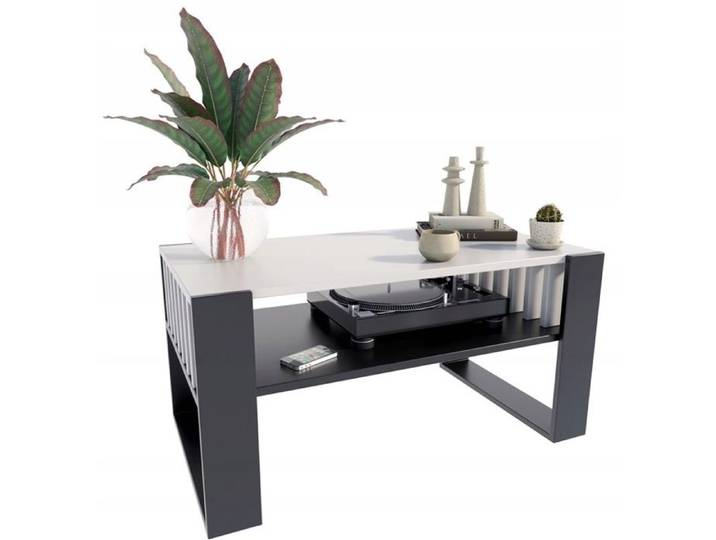 Table Basse IGA Blanc/Noir - Table de salon avec étagère - 100x53.6x50 cm
