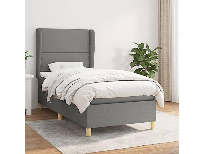 RJPLMFV Komplettes Bett, 90 x 200 cm, Dunkelgrau, Stoff Lattenrost inklusive, verstellbarem Kopfteil, Taschenfedern, Unterstützung für Rücken und Bauch