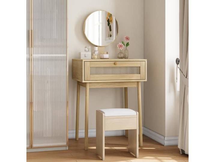 Coiffeuse compacte 60x50x128 cm avec miroir rond tiroir effet cannage rotin finition bois naturel style bohème sans chaise