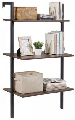Costway 3-Tier Modern Wall Mounted Shelves Wooden Floating Shelving Unit Metal Ladder Bookshelf-Rustic Brown