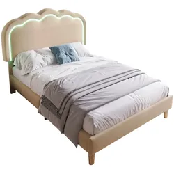 OKWISH Polsterbett 90x200 LED Kopfteil verstellbar gepolstert Leinen Bezug modernes Design robust komfortabel Schlafzimmer Gästezimmer Beige