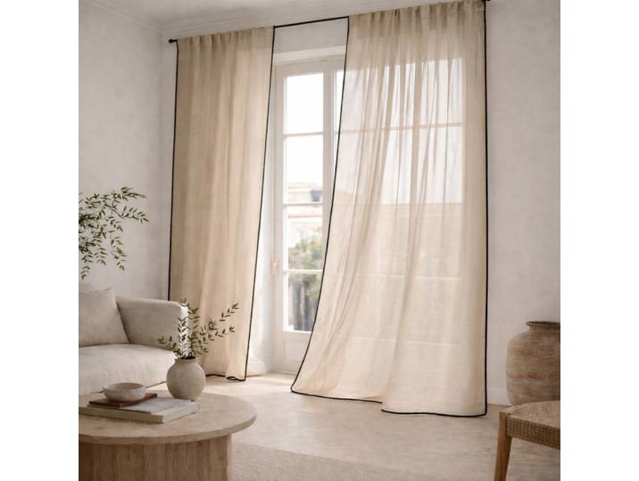Voilage à passants (x2) voile de coton bio 140x260 grège & noir