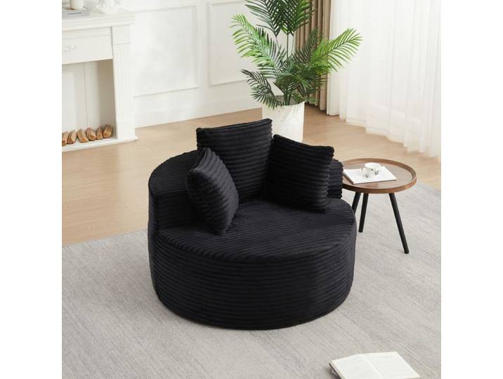 COVREO Fauteuil lounge rond en velours côtelé noir 3 coussins accoudoirs larges design minimaliste