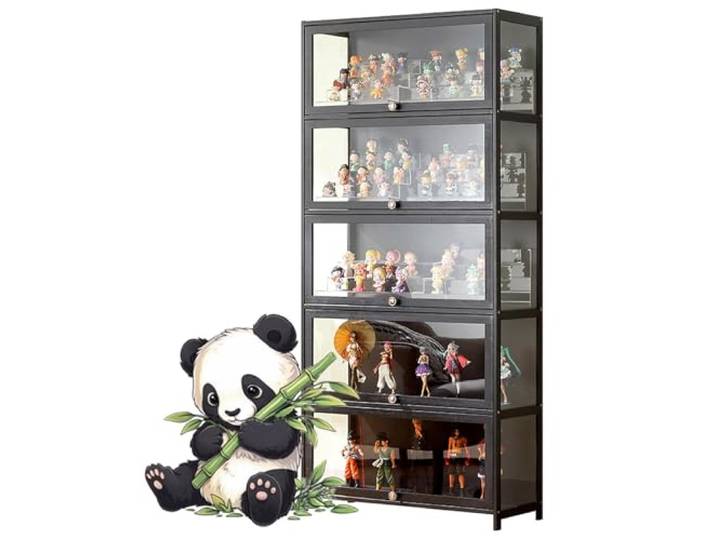 uofgcru glasvitrine vitrine vitrinenschrank sammlervitrine hergestellt aus natürlicher Bambusrahmen Flip-Schranktür-Design, versiegelt und staubdicht, mehrere Größen-172x80x33cm(5 Tier) Black