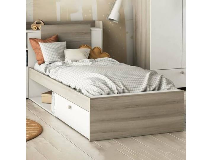 Dmora - Einzelbett Agout, Struktur des Lagerbetts, Sommier mit Abdeckung, Bettrahmen aus Stoff, 227x125 h91 cm, Eiche und Mattweiß