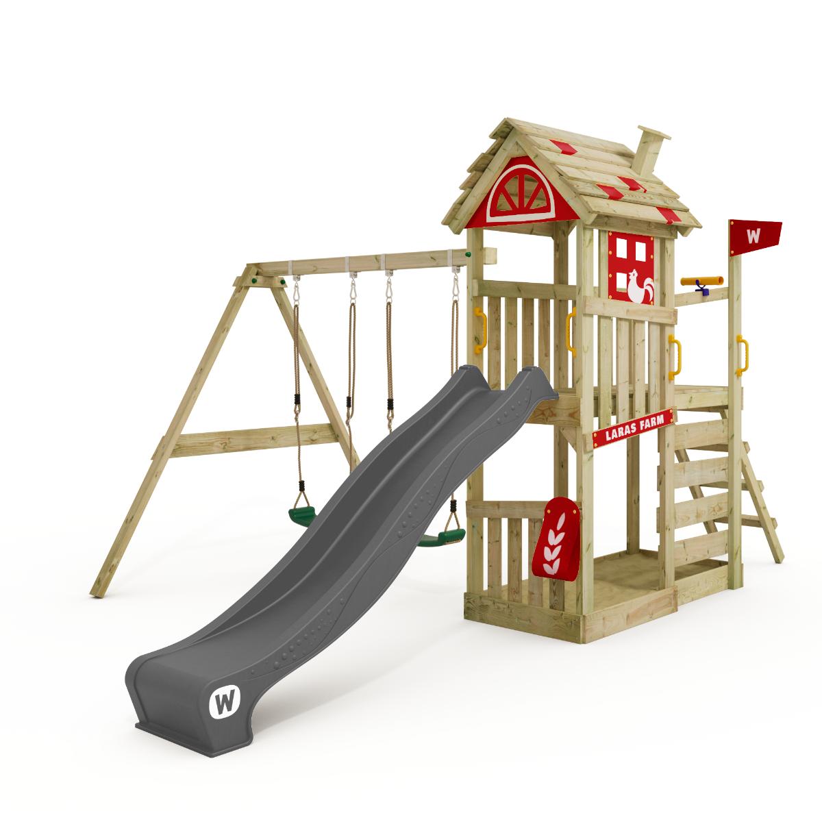 Spielturm FarmFlyer mit Schaukelanbau - Massivholz Garten-Spielplatz mit Rutsche & Sandkasten - Wetterfestes Abenteuer-Klettergerüst für Kinder - Wickey