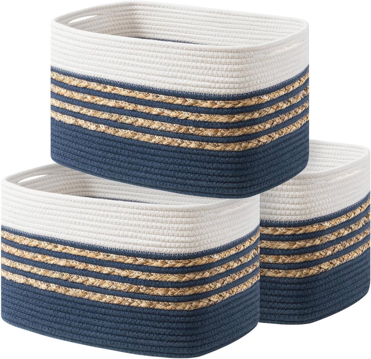 Set van 3 marineblauwe geweven opbergmanden van katoen met handgrepen, 35 x 25 cm
