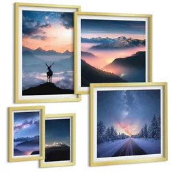 BILDER SET 5er Set - 50x50 cm & 20x30 cm & 40x60 cm Goldrahmen - Nachthimmel Berge Nebel Hirsch