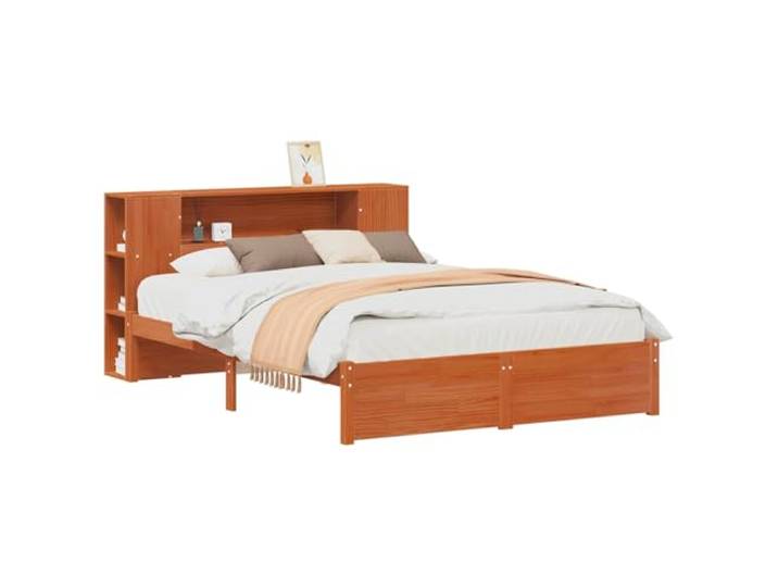 PUGYNBK Bettgestell mit Aufbewahrungskopfteil, Wachsbraun Massives Kiefernholz, Boden mit belüfteten Lamellen, moderner minimalistischer Stil, einfache Reinigung