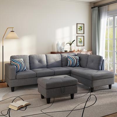 Clihome "66.5"" Grey Linen 3-Piece Living Room Sofa Set L-Shaped Sofa with Ottoman"