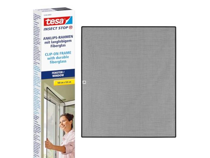 tesa Insect Stop Anklips-Rahmen Fliegengitter - 1,2 x 1,4 m Anthrazit Rahmen für PVC-Fenster mit Fiberglas-Insektenschutz, selbstklebende Clips - zuschneidbar, durchsichtig