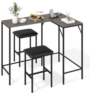 Costway 3-Piece Convertible L-Shaped Kitchen Table Chair Set with 2 AC Outlets USB Port and Type-C Port-Gray