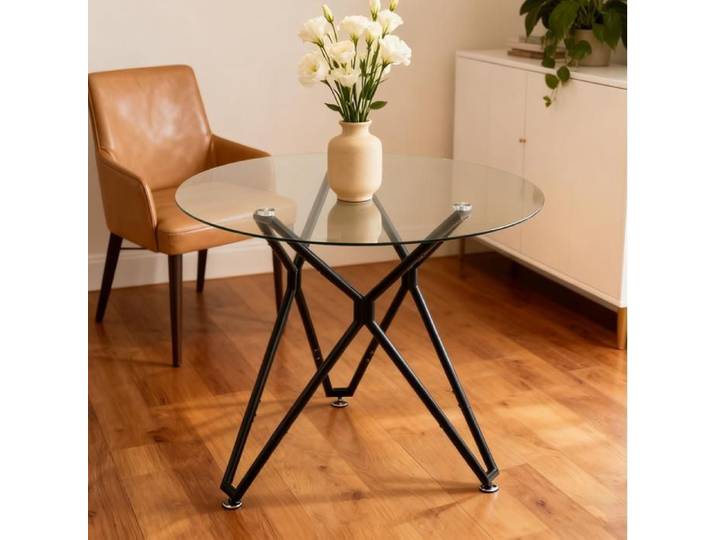 MEULVA Table à manger ronde 90 cm en verre trempé noire structure métal design moderne