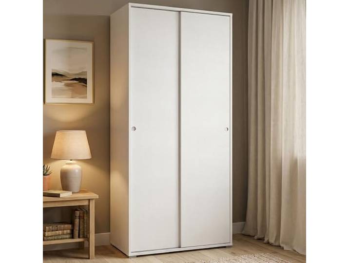 Dmora - 2-türiger Kleiderschrank Dalia, Kleiderschrank mit 2 Schiebetüren und 4 Regalen, moderne Mehrzweck-Schlafzimmermöbel, 100 % Made in Italy, 90 x 45 x 195 cm, Weiß,
