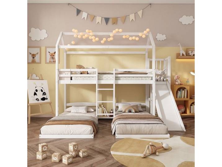 Lit superposé enfant 3 places 90x200 cm Lit triple Lit cabane enfant avec toboggan Étagère ouverte et échelle Pin+MDF Blanc