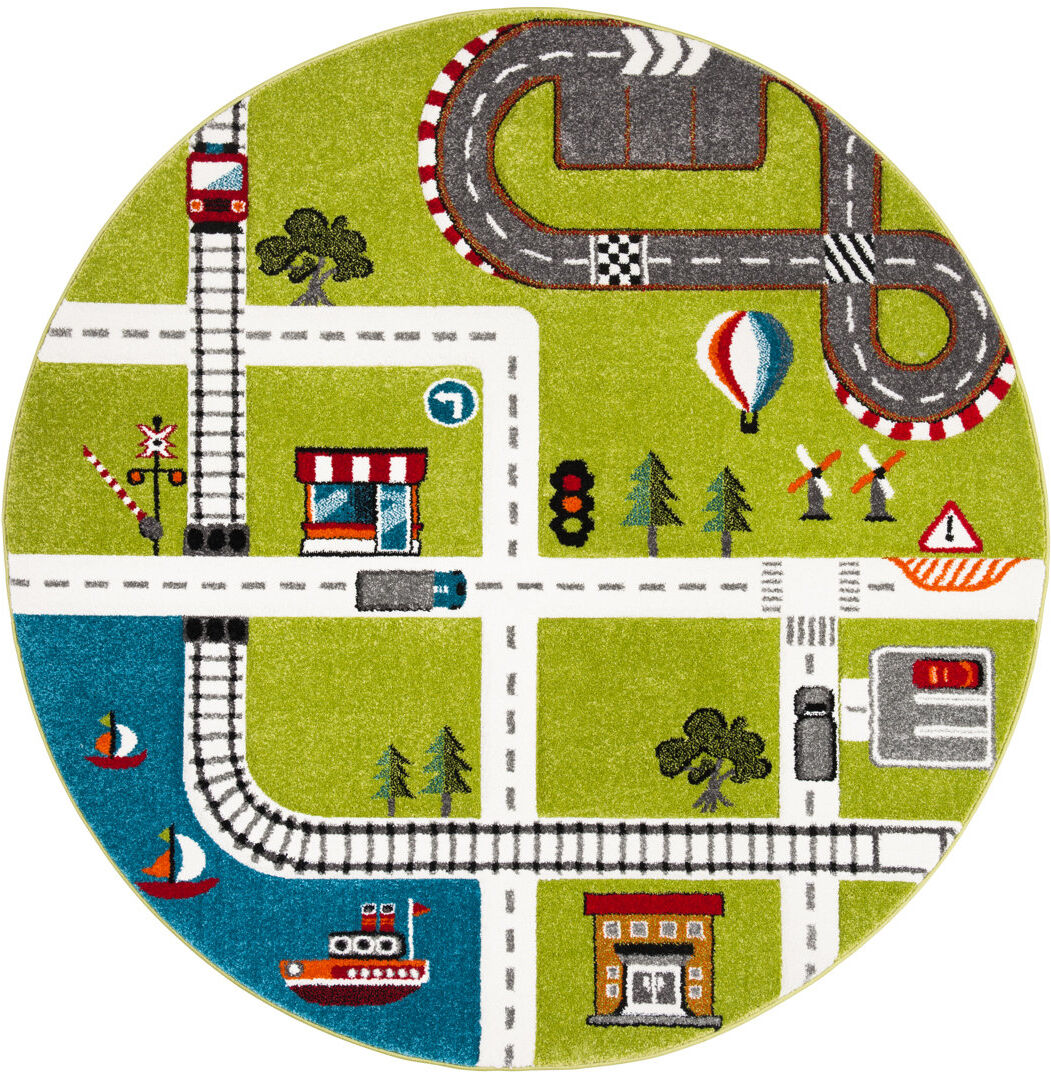 Zoomie Kids Carousel Kids Racetrack Area Rug In Green / Ivory Green;Ivory Round 160 cm