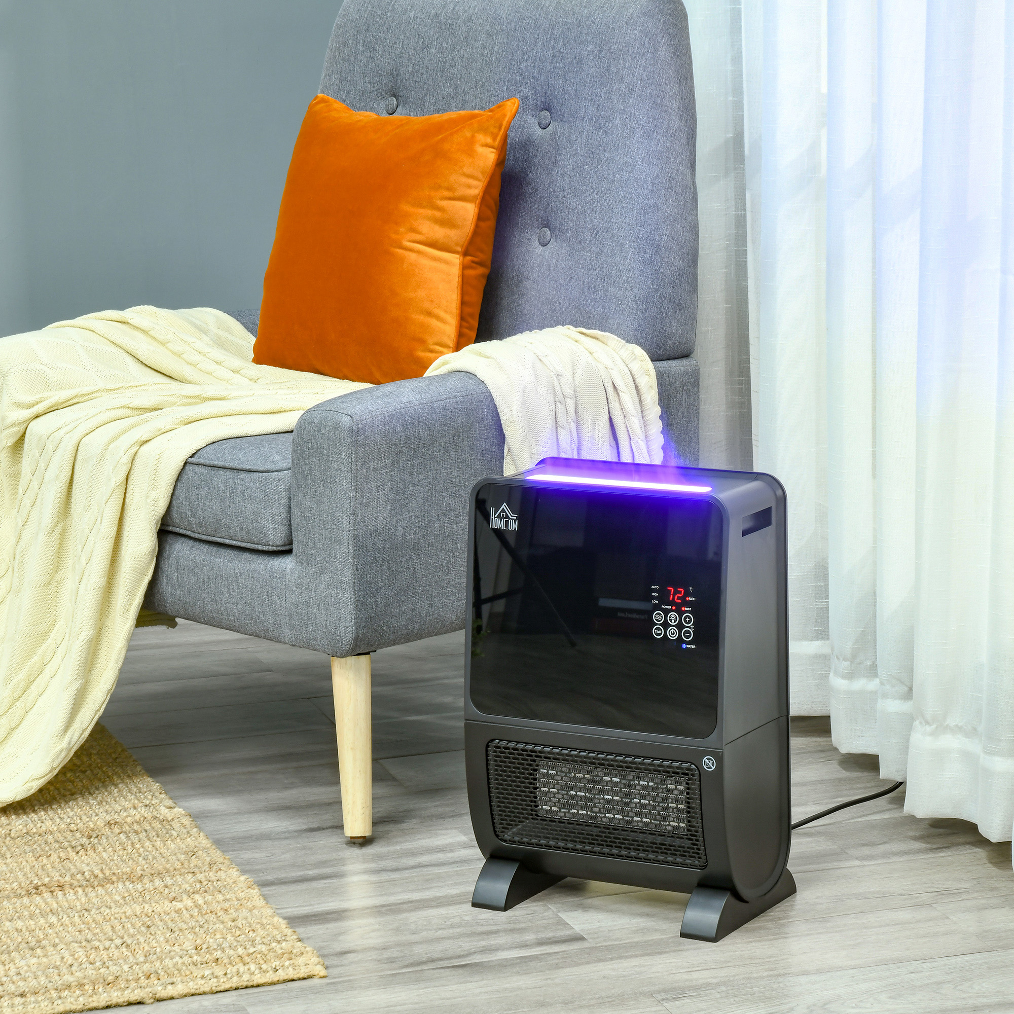 Homcom Stufa Elettrica 2 in 1 con Umidificatore, Luce LED a 3 Colori e Ultravioletti, Stufa Elettrica Camino con Timer e Telecomando, Nero Aosom