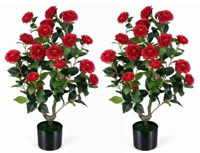 Costway 2-Pack Artificial Camellia Tree Faux Flower Plant in Cement-Filled Pot-Red