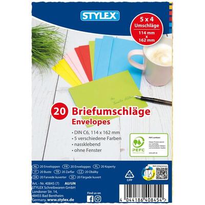 Stylex Briefumschläge, DIN C6, nassklebend, farbig, 20 Stück