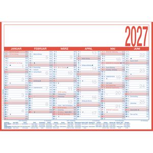 Zettler Tafelkalender Arbeitstagekalender kaschiert mit Ferien, aus 945 g/m² Karton, 6 Monate = 1 Seite, A4, Jahr 2027