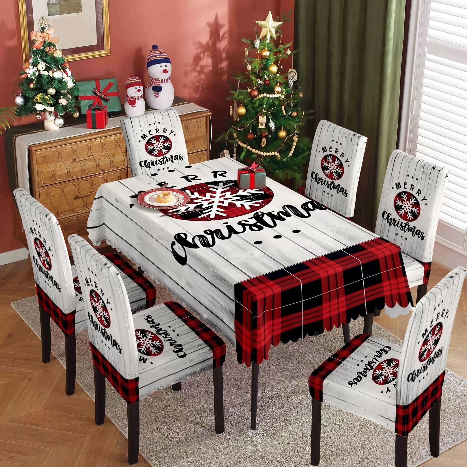 INF Weihnachts-Tischdecke und Stuhlhussen Set - Holzmaserung Design, Wasserabweisendes Polyester