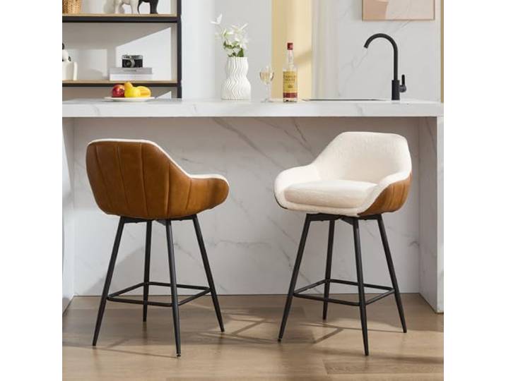 IDEALHOUSE 2er-Set Moderne Dreh-Barhocker mit Rückenlehne, 66 cm hoch, doppelt gepolstert mit Sherpa-Stoff & PU-Leder, Metallbeine – Farbe: Braun/Cremeweiß